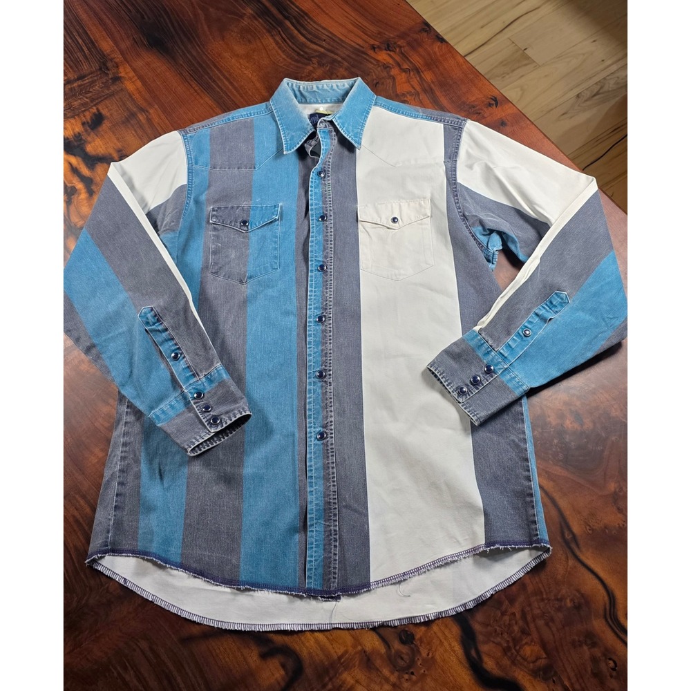 Vintage Wrangler Western Rodeo Brushpopper Colorblock Stripe Pear Snap Y2k 90's